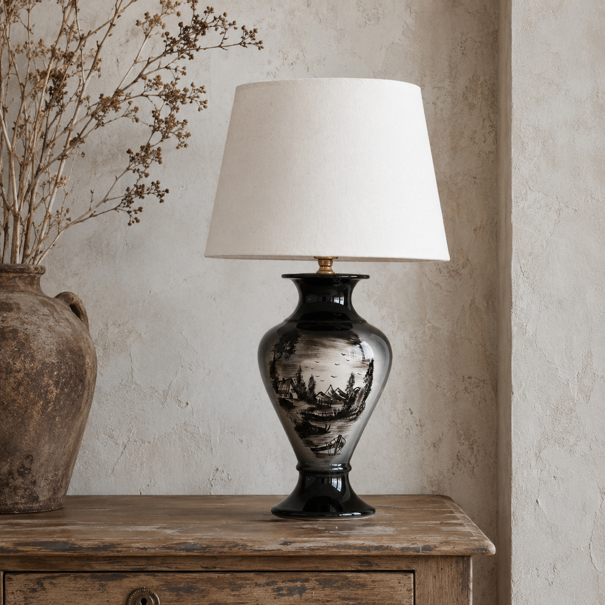 Black Landscape Ceramic Table Lamp, Hand-Painted Monochrome Urn Lamp