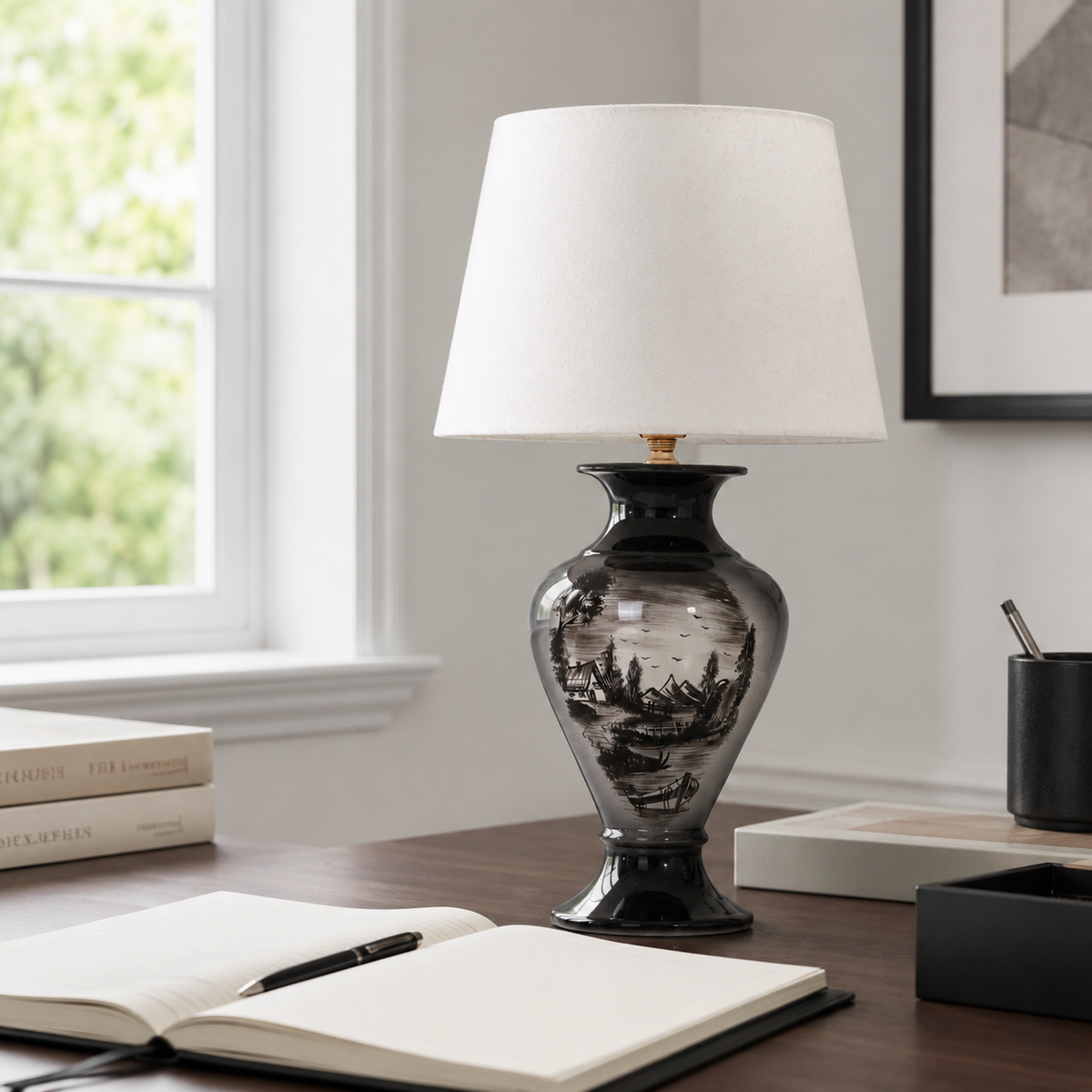 Black Landscape Ceramic Table Lamp, Hand-Painted Monochrome Urn Lamp