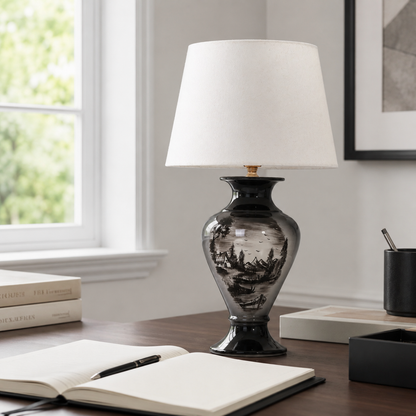 Black Landscape Ceramic Table Lamp, Hand-Painted Monochrome Urn Lamp