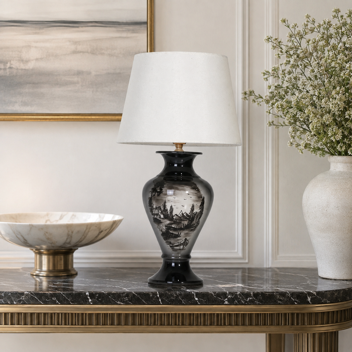 Black Landscape Ceramic Table Lamp, Hand-Painted Monochrome Urn Lamp
