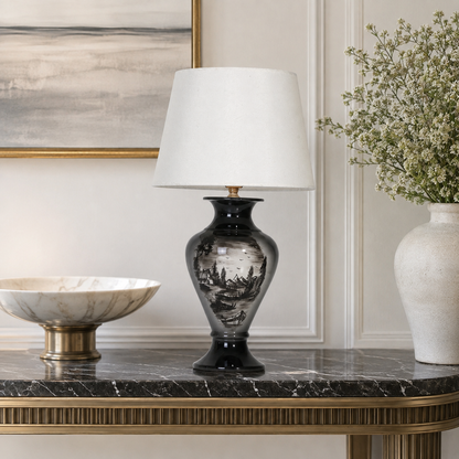 Black Landscape Ceramic Table Lamp, Hand-Painted Monochrome Urn Lamp