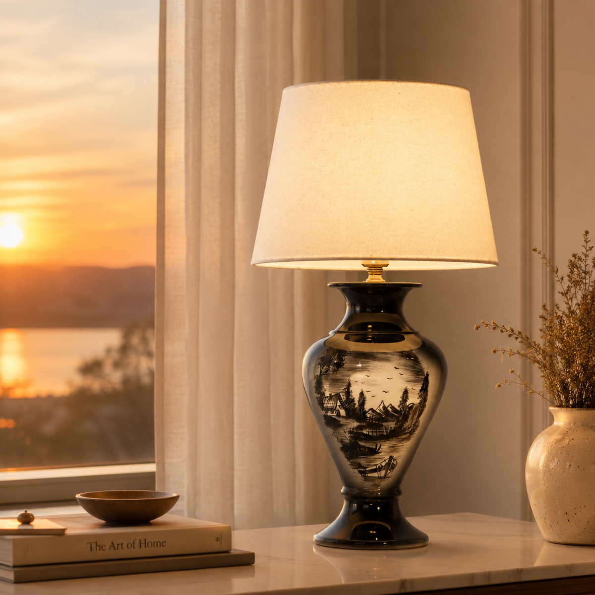 Black Landscape Ceramic Table Lamp, Hand-Painted Monochrome Urn Lamp