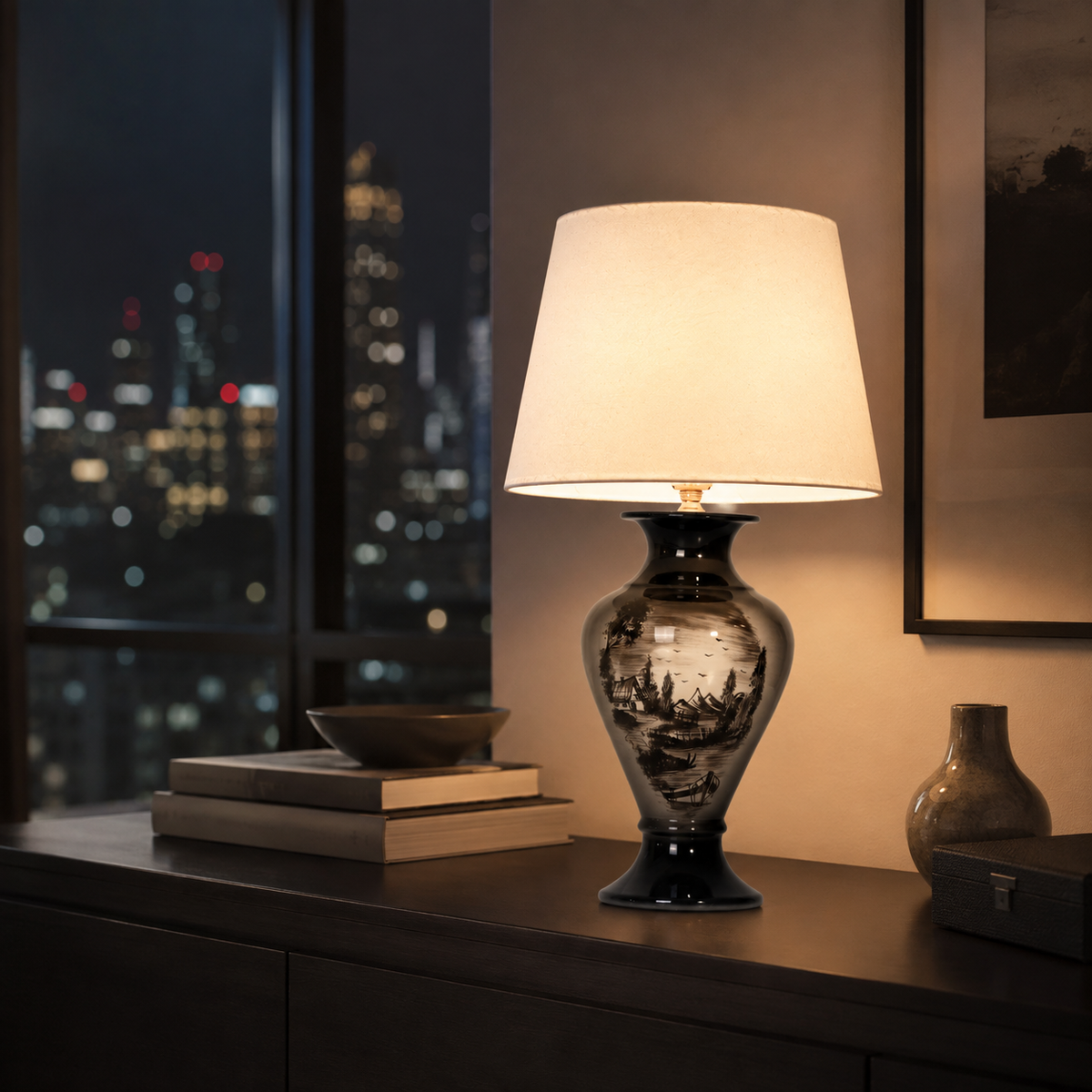 Black Landscape Ceramic Table Lamp, Hand-Painted Monochrome Urn Lamp