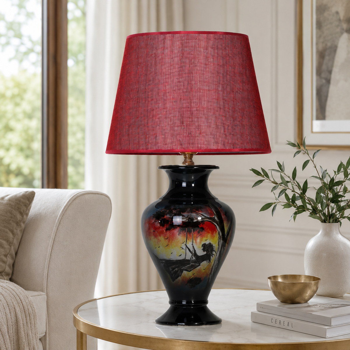 Sunset Landscape Ceramic Table Lamp, Hand-Painted Black Urn Lamp