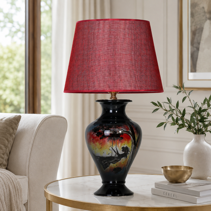 Sunset Landscape Ceramic Table Lamp, Hand-Painted Black Urn Lamp