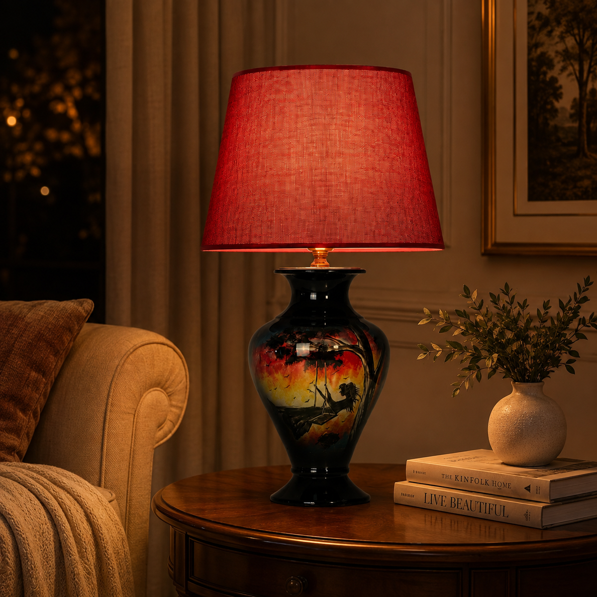 Sunset Landscape Ceramic Table Lamp, Hand-Painted Black Urn Lamp