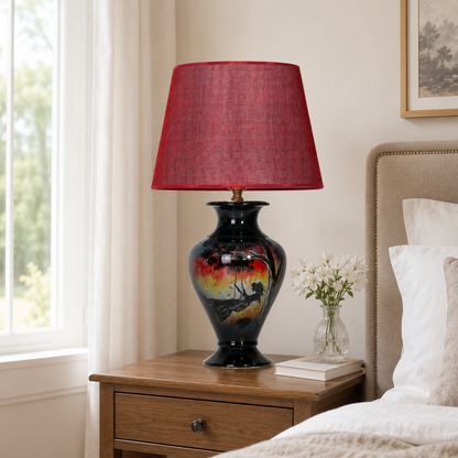 Sunset Landscape Ceramic Table Lamp, Hand-Painted Black Urn Lamp