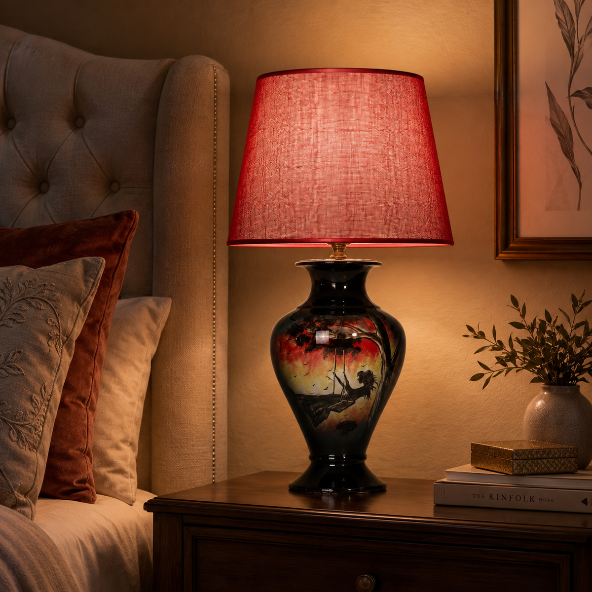 Sunset Landscape Ceramic Table Lamp, Hand-Painted Black Urn Lamp