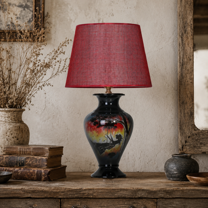 Sunset Landscape Ceramic Table Lamp, Hand-Painted Black Urn Lamp
