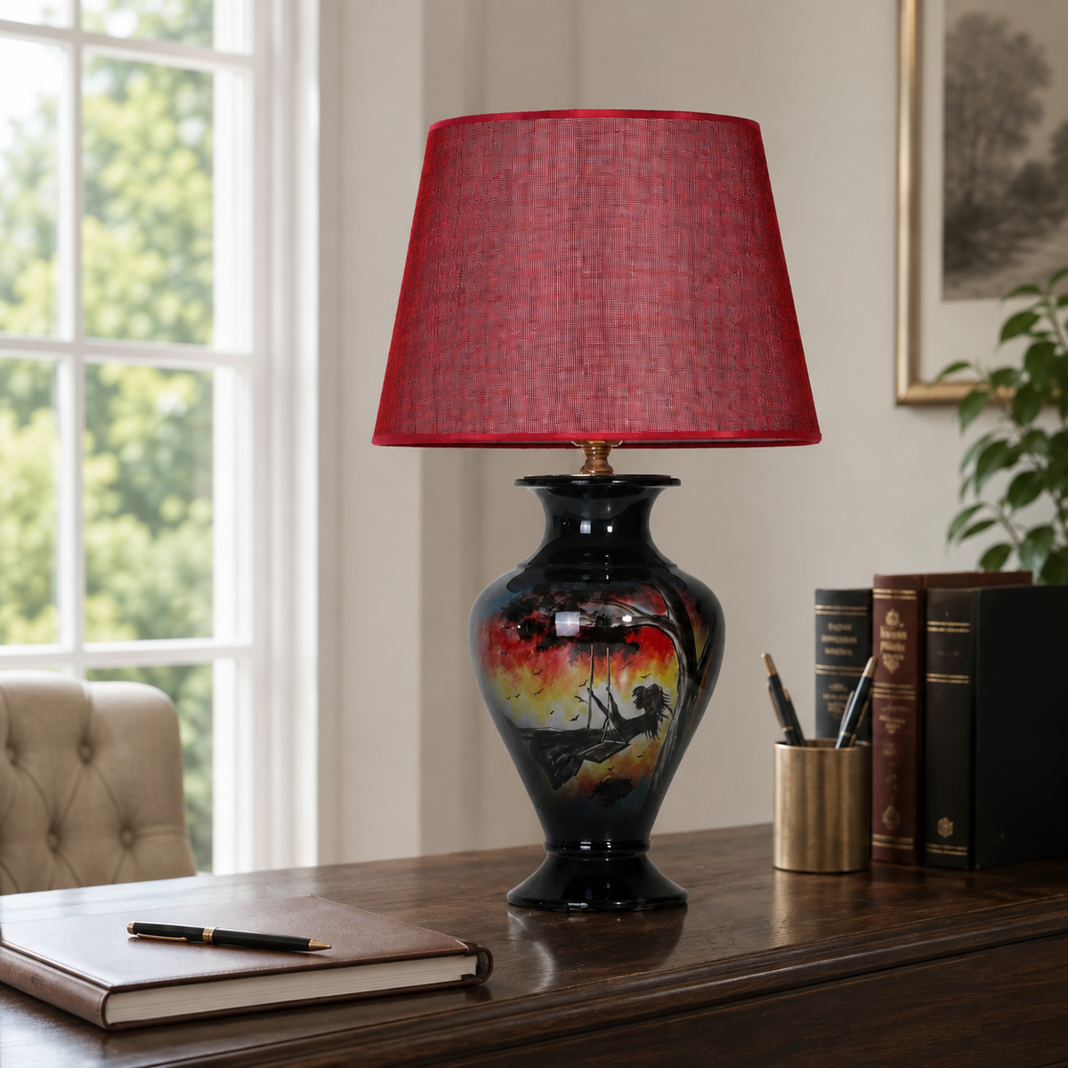 Sunset Landscape Ceramic Table Lamp, Hand-Painted Black Urn Lamp