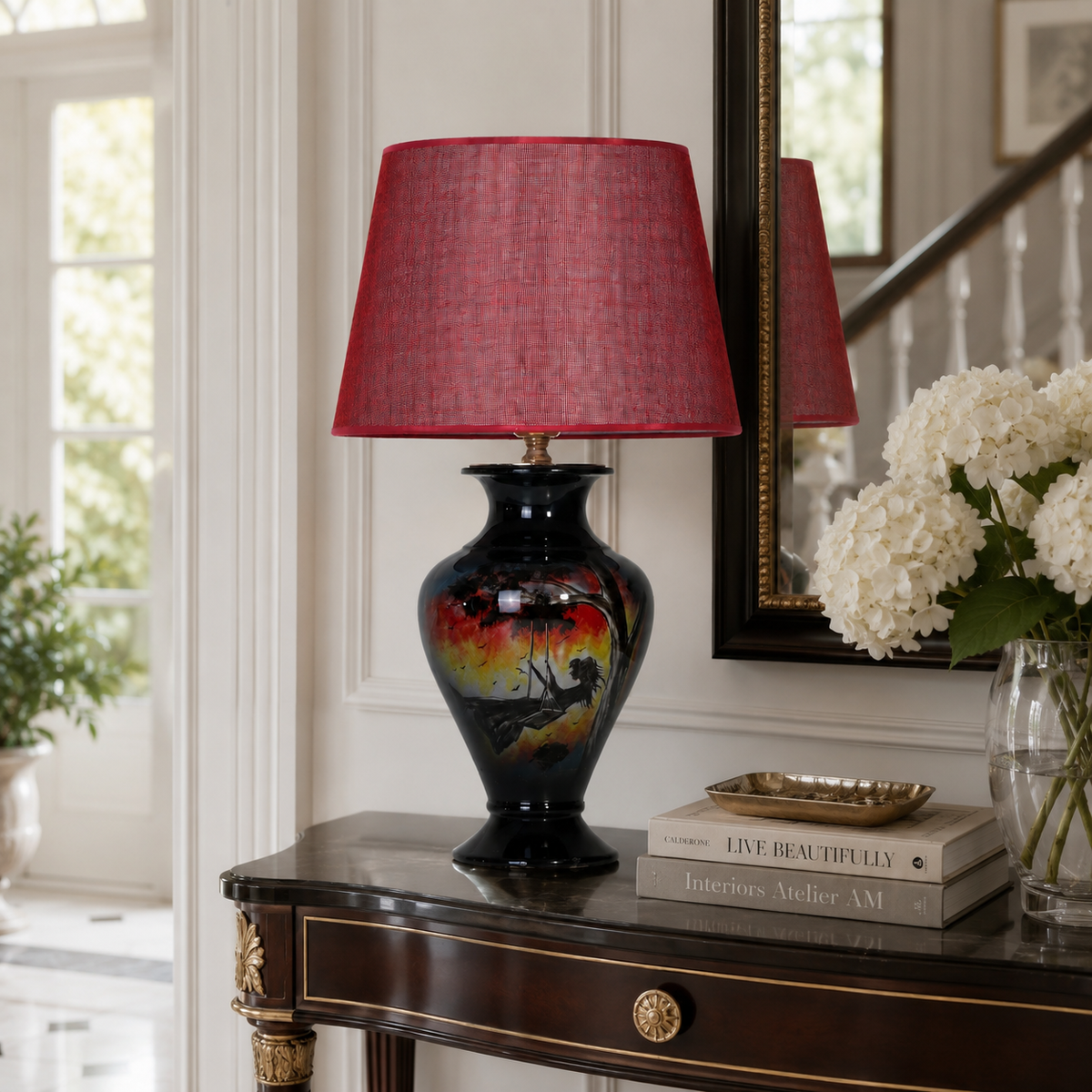 Sunset Landscape Ceramic Table Lamp, Hand-Painted Black Urn Lamp