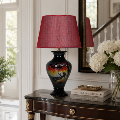 Sunset Landscape Ceramic Table Lamp, Hand-Painted Black Urn Lamp