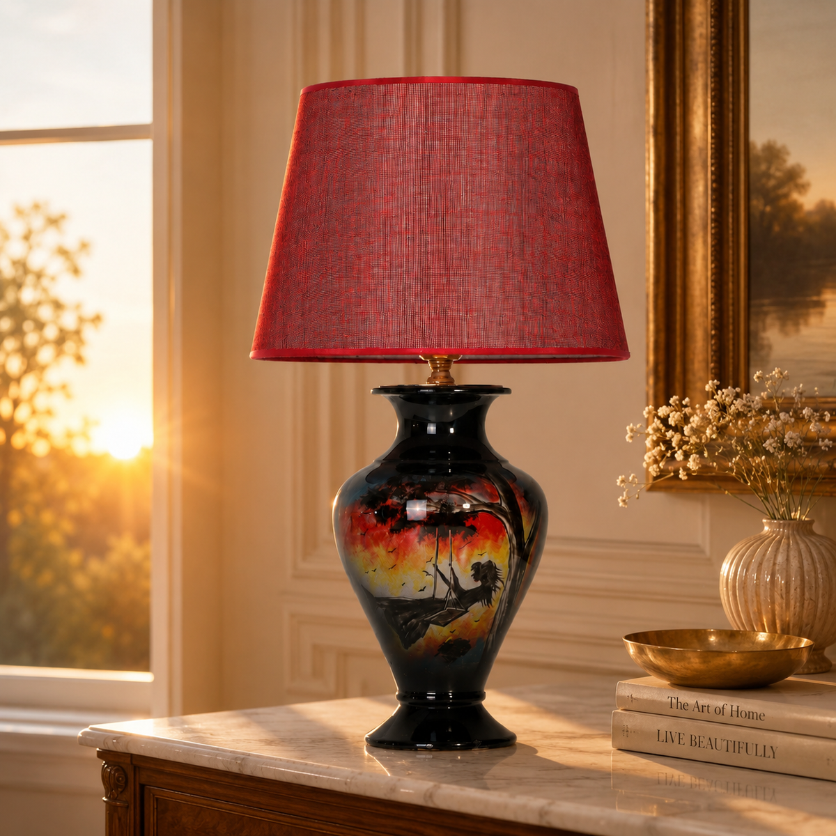 Sunset Landscape Ceramic Table Lamp, Hand-Painted Black Urn Lamp