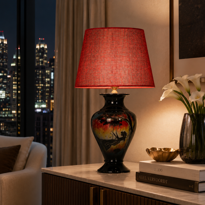 Sunset Landscape Ceramic Table Lamp, Hand-Painted Black Urn Lamp