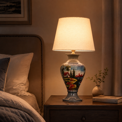 Painted Landscape Ceramic Table Lamp, Blue Hand-Painted Scenic Urn Lamp