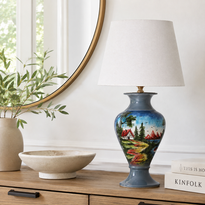 Painted Landscape Ceramic Table Lamp, Blue Hand-Painted Scenic Urn Lamp