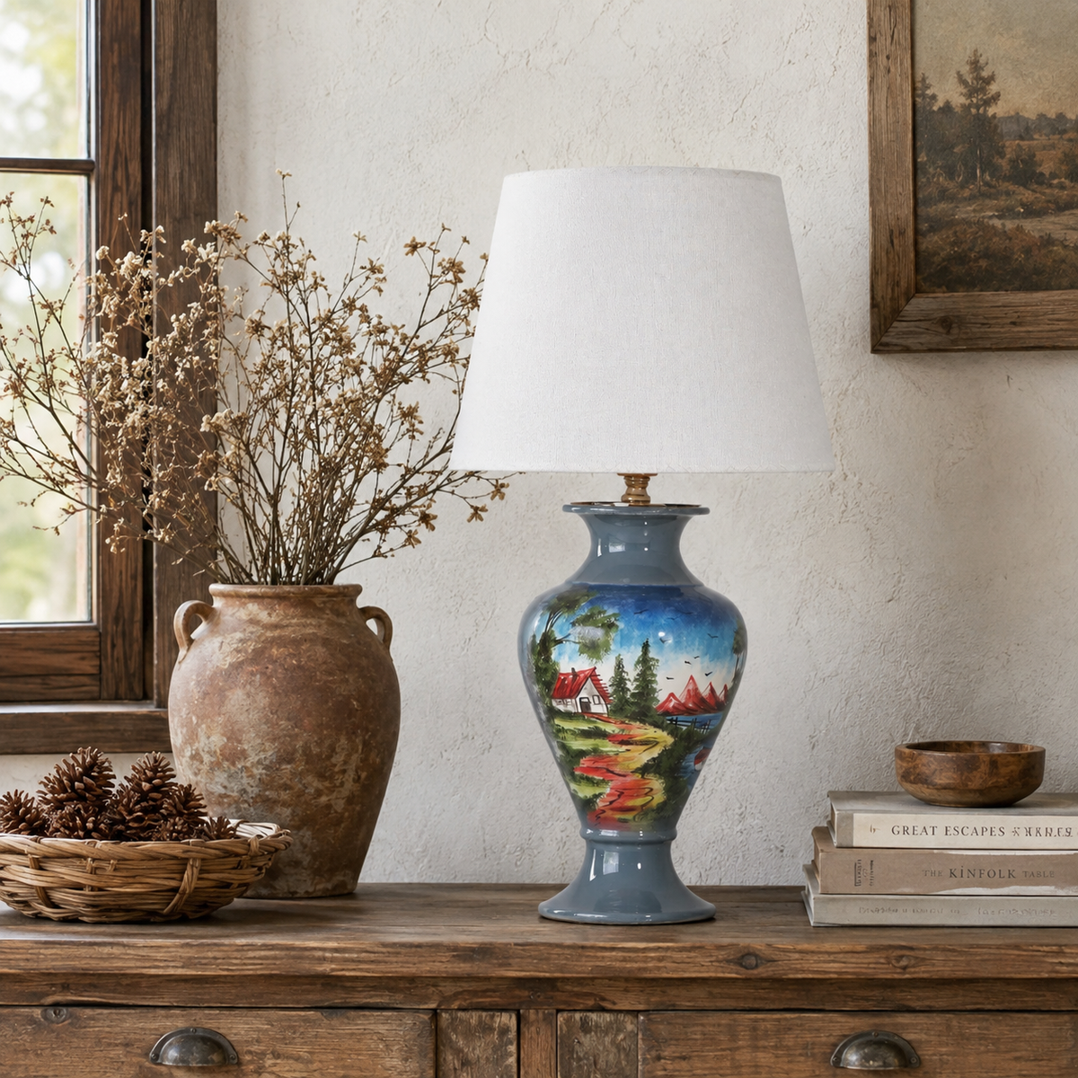 Painted Landscape Ceramic Table Lamp, Blue Hand-Painted Scenic Urn Lamp