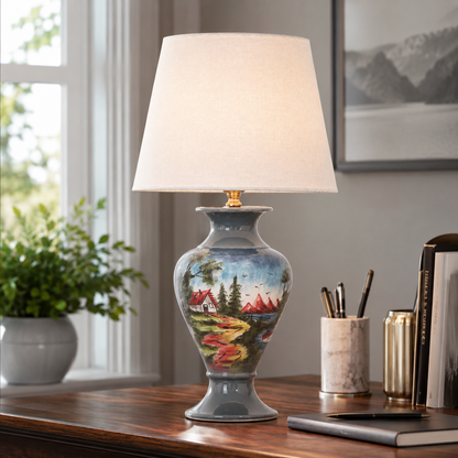 Painted Landscape Ceramic Table Lamp, Blue Hand-Painted Scenic Urn Lamp