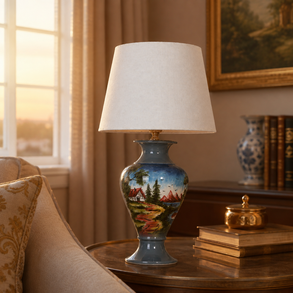 Painted Landscape Ceramic Table Lamp, Blue Hand-Painted Scenic Urn Lamp