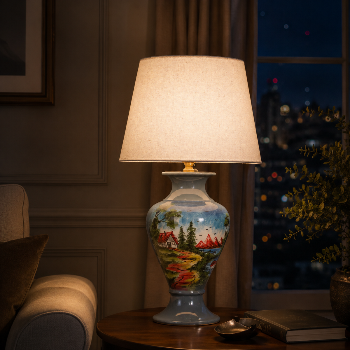 Painted Landscape Ceramic Table Lamp, Blue Hand-Painted Scenic Urn Lamp