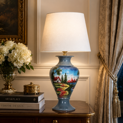 Painted Landscape Ceramic Table Lamp, Blue Hand-Painted Scenic Urn Lamp