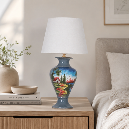 Painted Landscape Ceramic Table Lamp, Blue Hand-Painted Scenic Urn Lamp