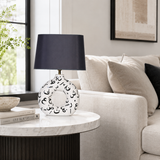 White Round Ceramic Table Lamp, Black Pattern Hand-Painted Donut Lamp