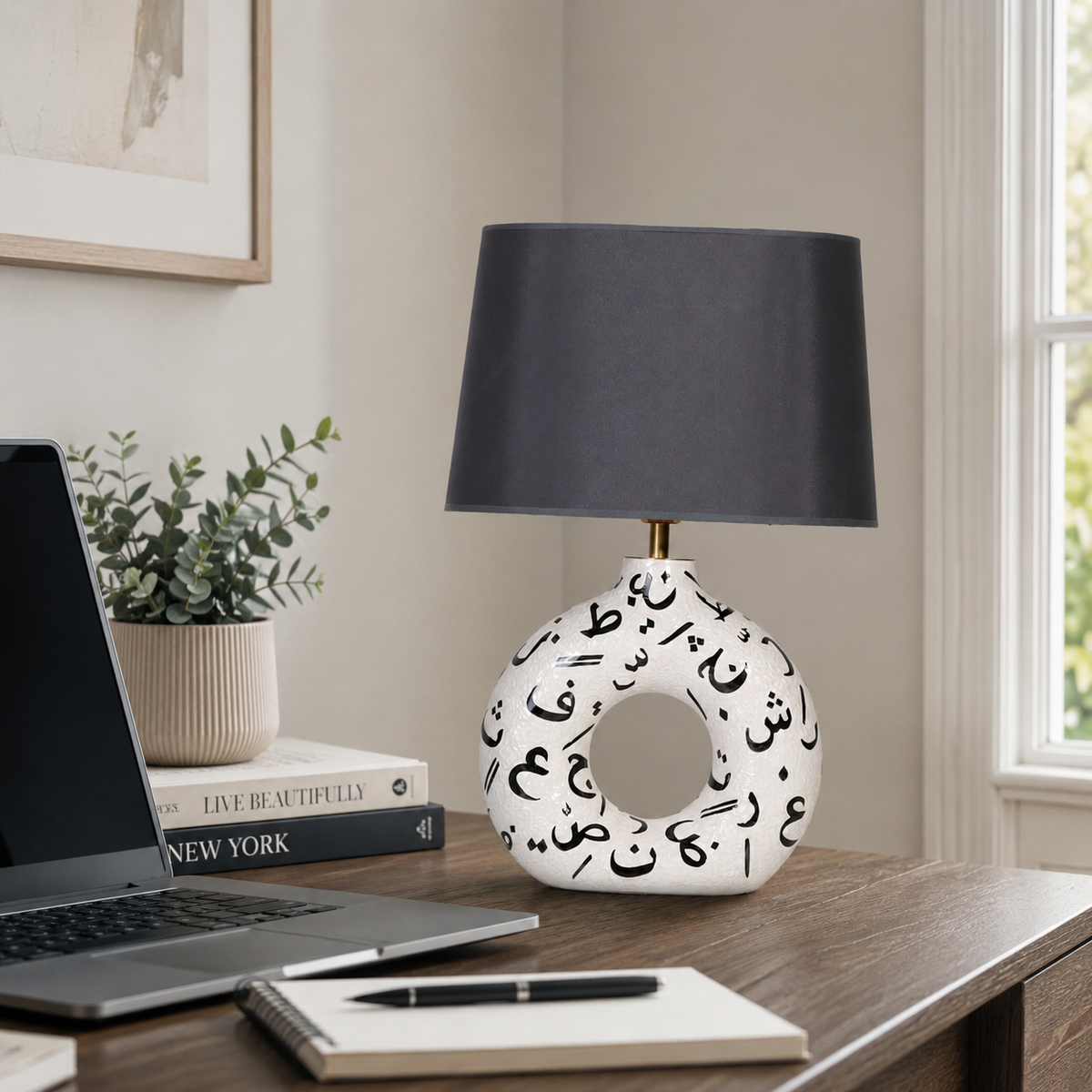 White Round Ceramic Table Lamp, Black Pattern Hand-Painted Donut Lamp