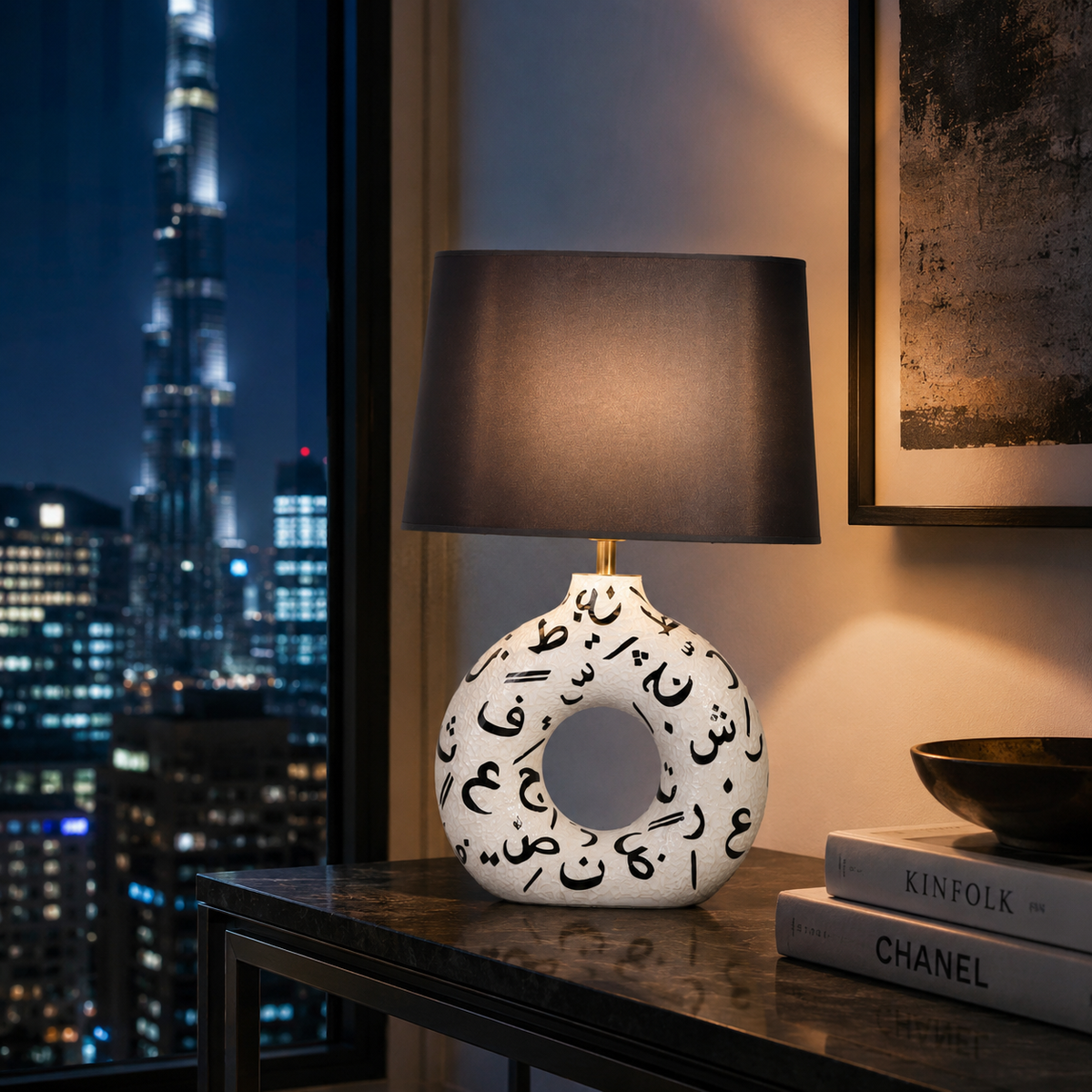 White Round Ceramic Table Lamp, Black Pattern Hand-Painted Donut Lamp