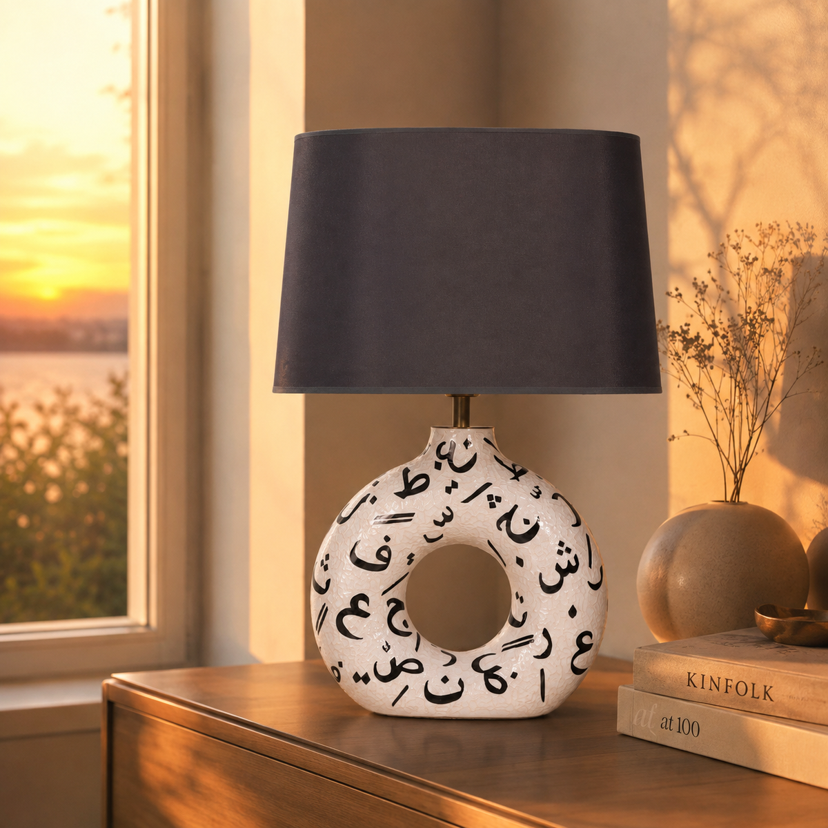 White Round Ceramic Table Lamp, Black Pattern Hand-Painted Donut Lamp