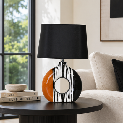 Modern Round Ceramic Table Lamp, Orange & Black Striped Donut Lamp
