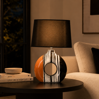 Modern Round Ceramic Table Lamp, Orange & Black Striped Donut Lamp