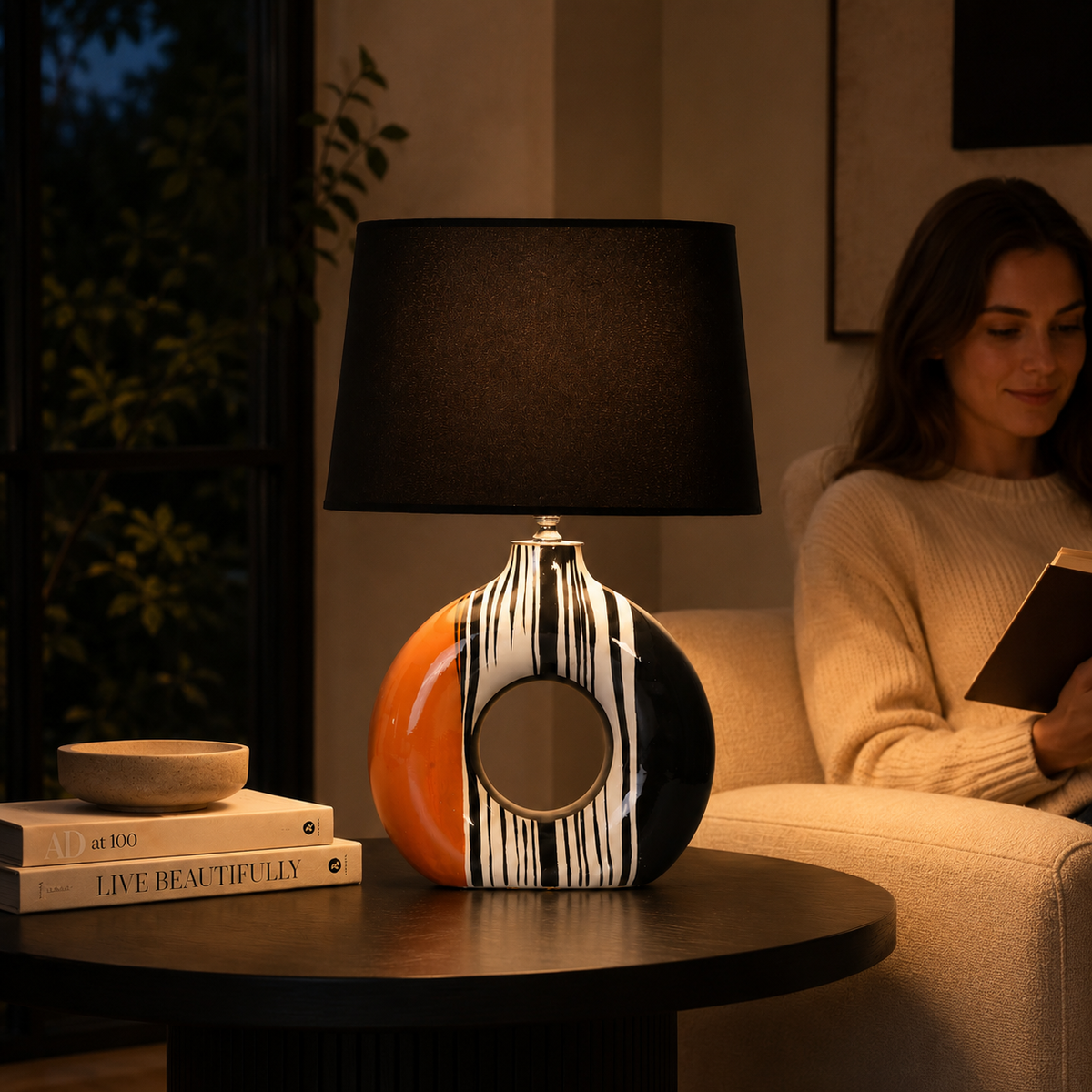 Modern Round Ceramic Table Lamp, Orange & Black Striped Donut Lamp