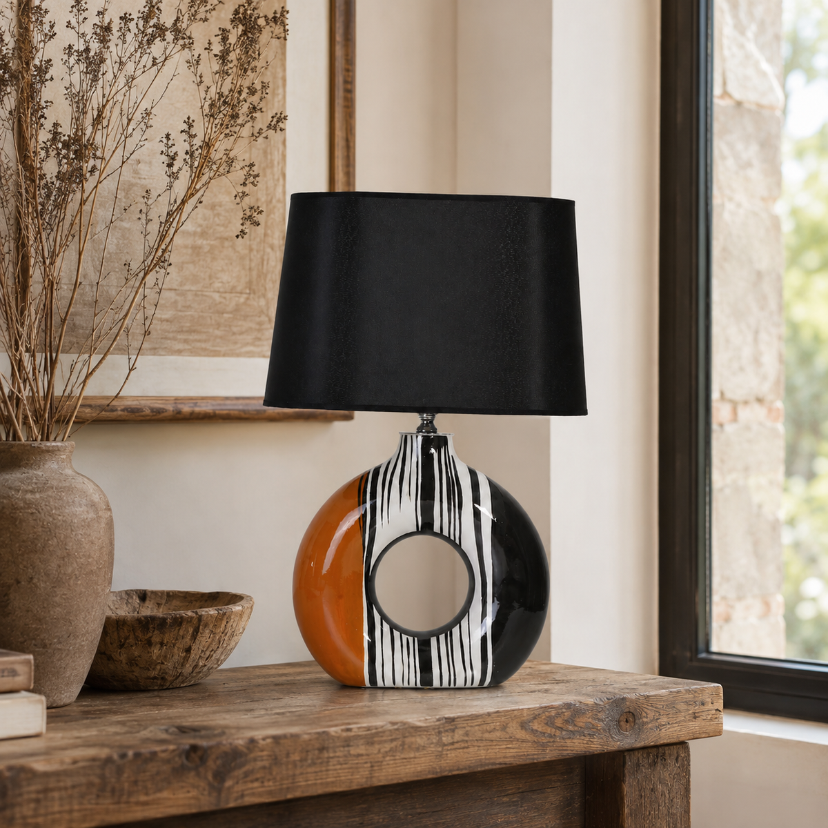 Modern Round Ceramic Table Lamp, Orange & Black Striped Donut Lamp