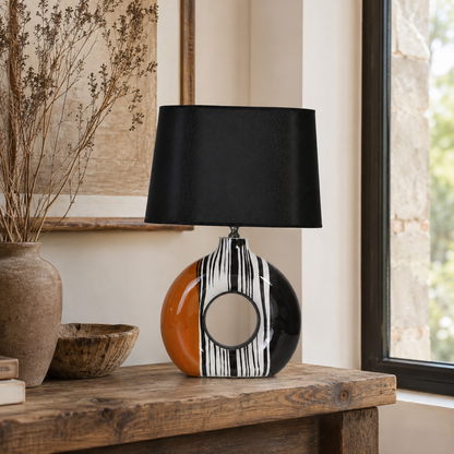 Modern Round Ceramic Table Lamp, Orange & Black Striped Donut Lamp