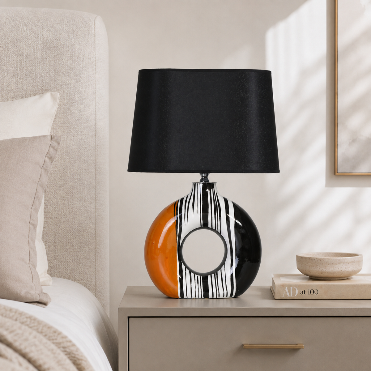 Modern Round Ceramic Table Lamp, Orange & Black Striped Donut Lamp