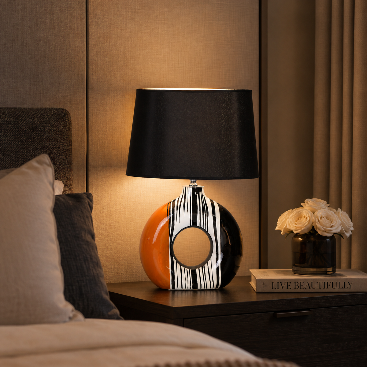 Modern Round Ceramic Table Lamp, Orange & Black Striped Donut Lamp