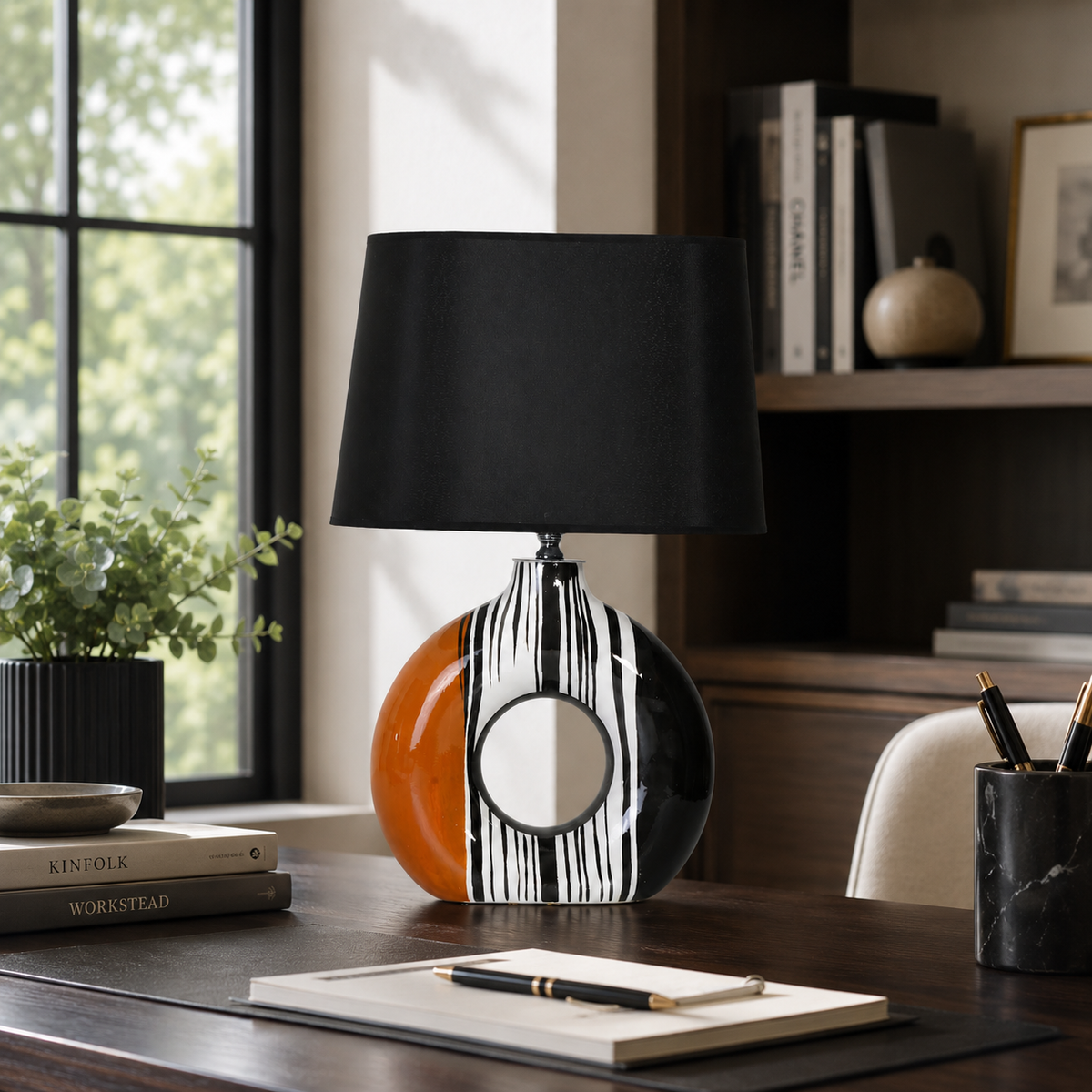 Modern Round Ceramic Table Lamp, Orange & Black Striped Donut Lamp