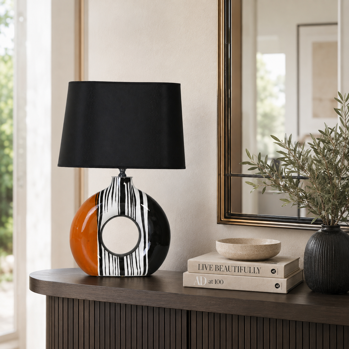 Modern Round Ceramic Table Lamp, Orange & Black Striped Donut Lamp