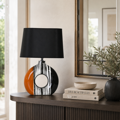 Modern Round Ceramic Table Lamp, Orange & Black Striped Donut Lamp