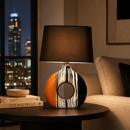 Modern Round Ceramic Table Lamp, Orange & Black Striped Donut Lamp