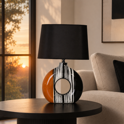 Modern Round Ceramic Table Lamp, Orange & Black Striped Donut Lamp