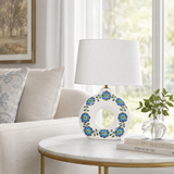 Round Ceramic Table Lamp with Turquoise Floral Medallions, Donut Lamp