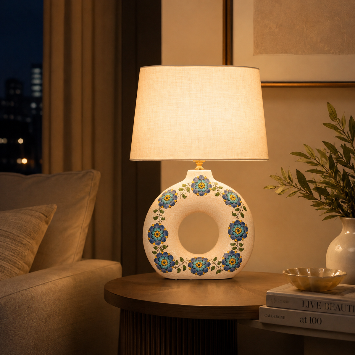 Round Ceramic Table Lamp with Turquoise Floral Medallions, Donut Lamp