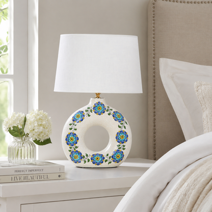 Round Ceramic Table Lamp with Turquoise Floral Medallions, Donut Lamp