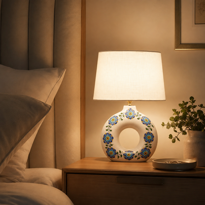 Round Ceramic Table Lamp with Turquoise Floral Medallions, Donut Lamp