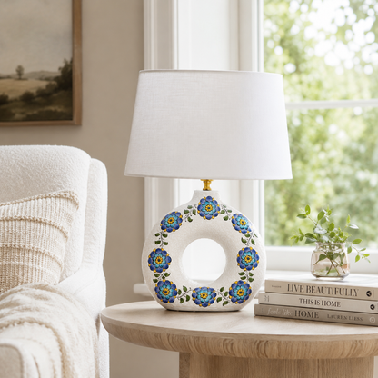 Round Ceramic Table Lamp with Turquoise Floral Medallions, Donut Lamp