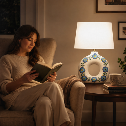 Round Ceramic Table Lamp with Turquoise Floral Medallions, Donut Lamp