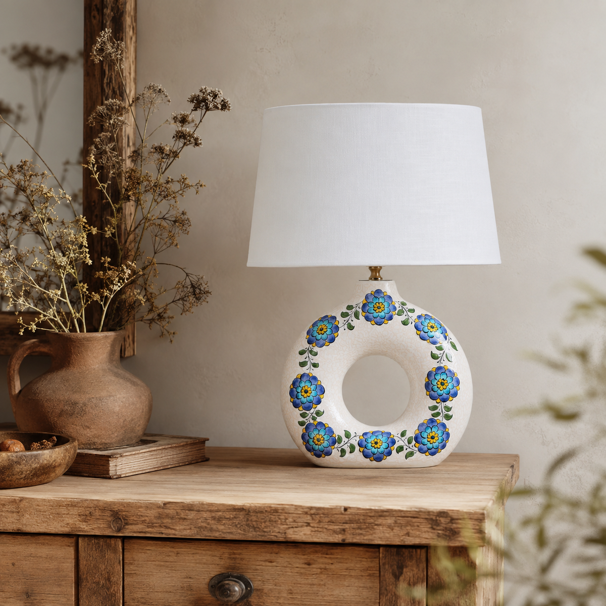Round Ceramic Table Lamp with Turquoise Floral Medallions, Donut Lamp