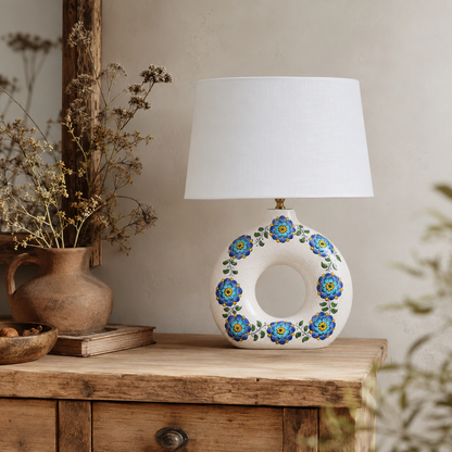 Round Ceramic Table Lamp with Turquoise Floral Medallions, Donut Lamp